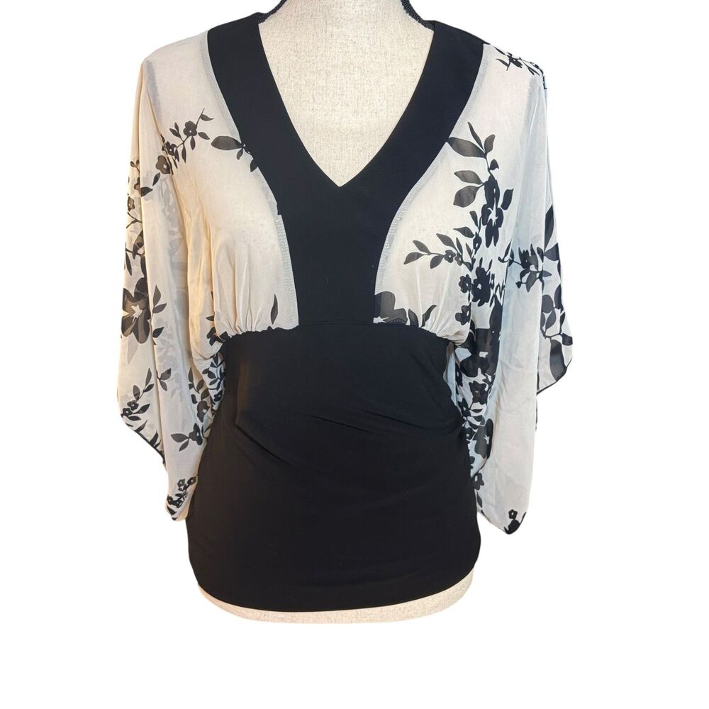 Marianne Black White Floral Sheer Kimono Sleeve Top Large Y2K